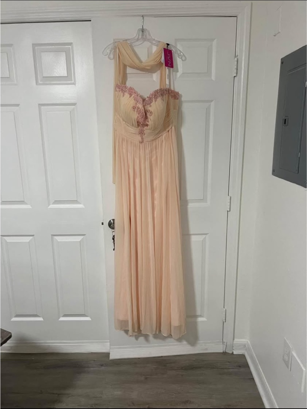 Jovani Peach Maxi Gown with Pink Lace Accents